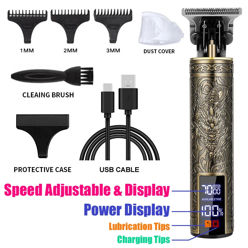 2025 T9 HairClipper Beard Shaving Body Hair Trimmer Clippers Electric Machine Men Haircut Machine 0mm Barber ShaverDragon Carved