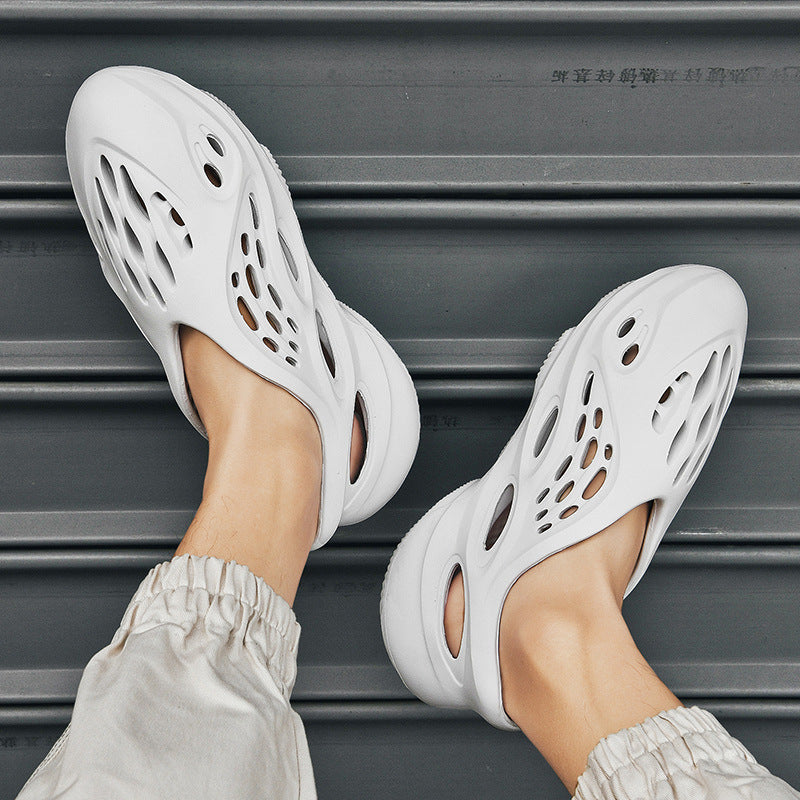 Anti-slip beach shoes worn over top of coconut-hole slippers