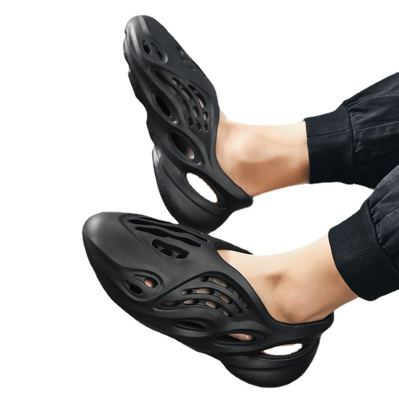 Anti-slip beach shoes worn over top of coconut-hole slippers