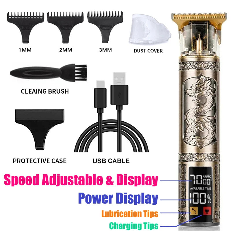 2025 T9 HairClipper Beard Shaving Body Hair Trimmer Clippers Electric Machine Men Haircut Machine 0mm Barber ShaverDragon Carved