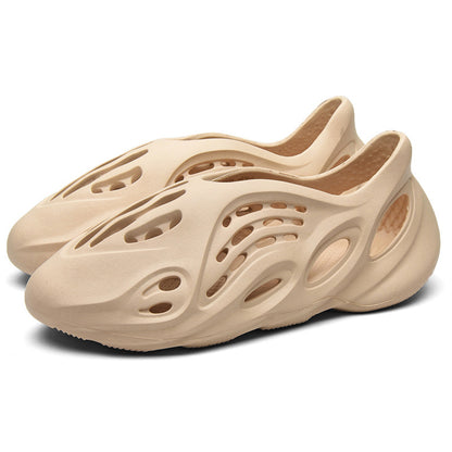 Anti-slip beach shoes worn over top of coconut-hole slippers