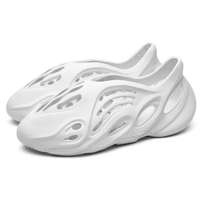 Anti-slip beach shoes worn over top of coconut-hole slippers